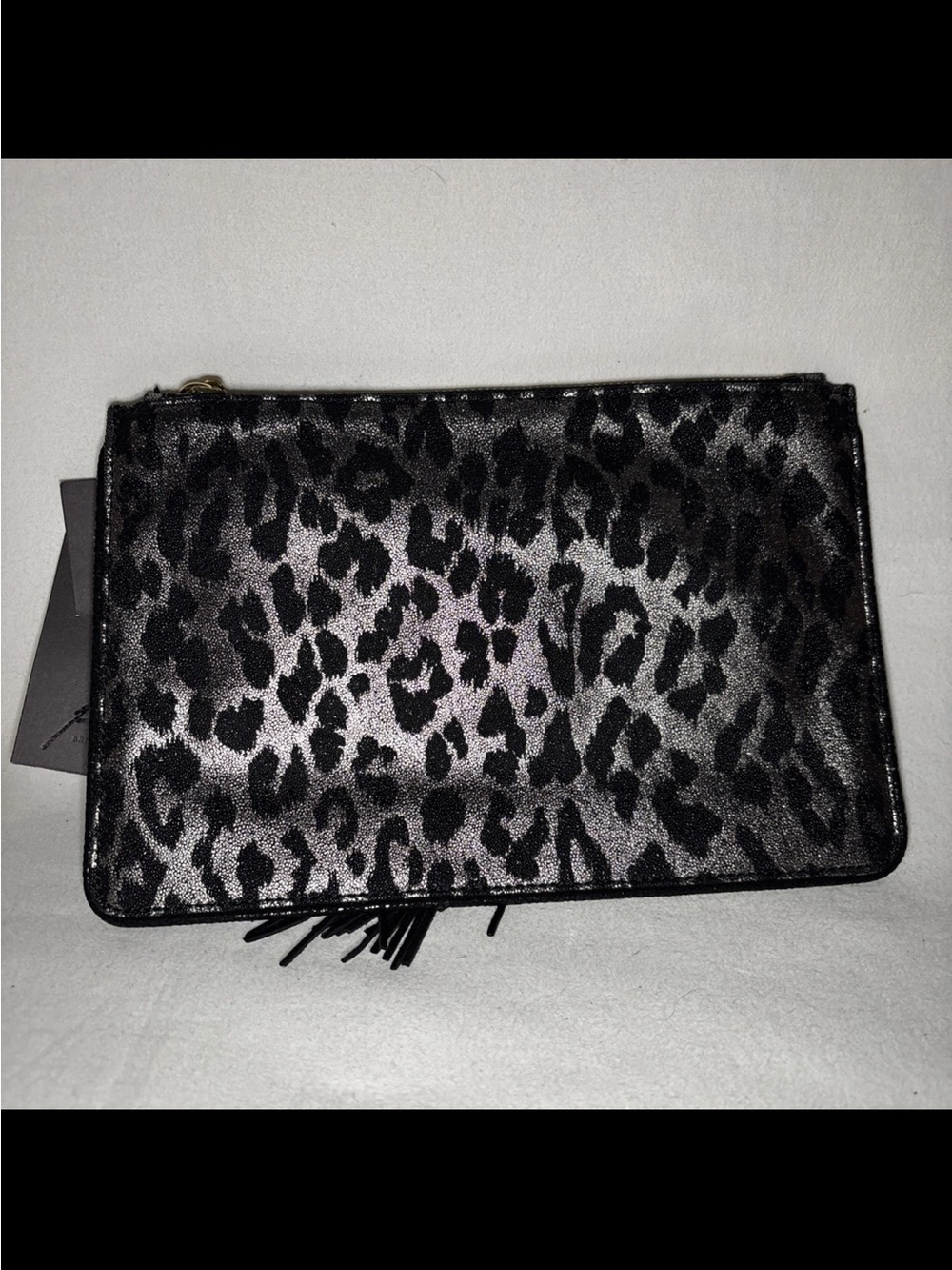 Brian Atwood Silver & Black Leopard Print Tassel Wristlet Clutch - Picture 3 of 5